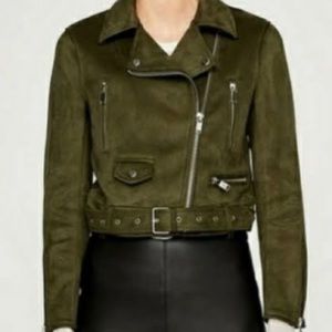 ZARA Faux Suede Moto Jacket in Green. Size Small.